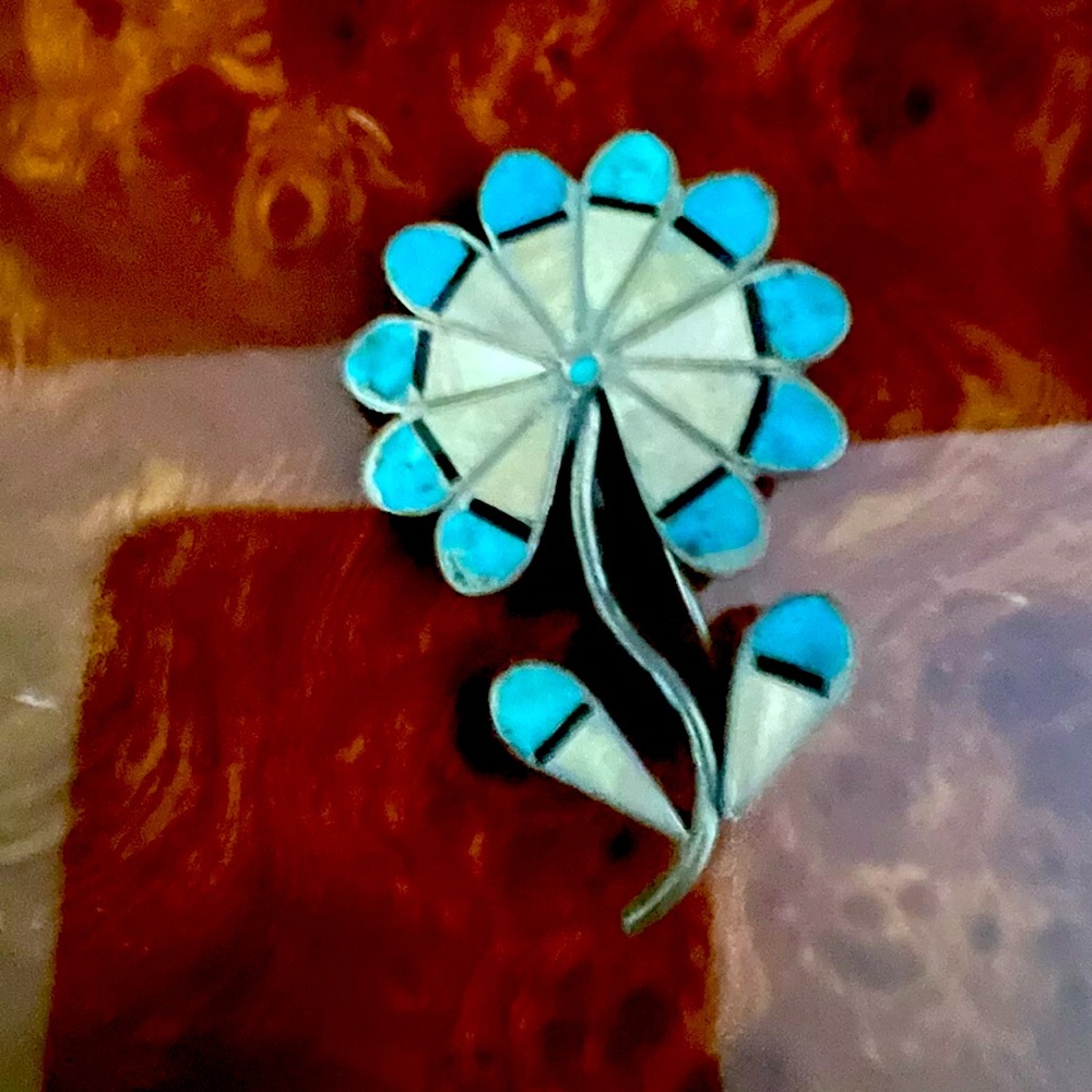 Old Native American  Turquoise Flower Cluster Sterling Silver Dangles Pin Brooch